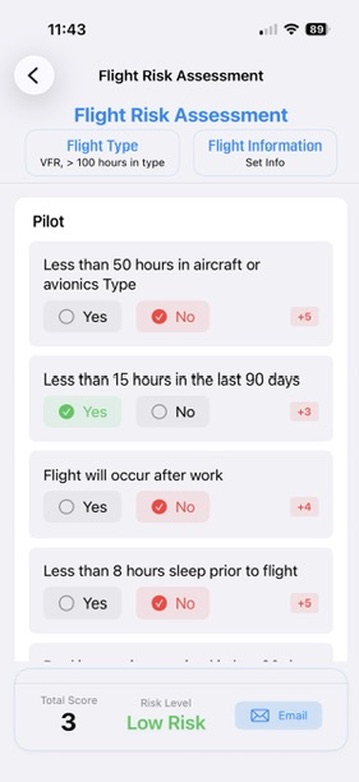 Flight Risk Assessment screen showing FRAT questionnaire