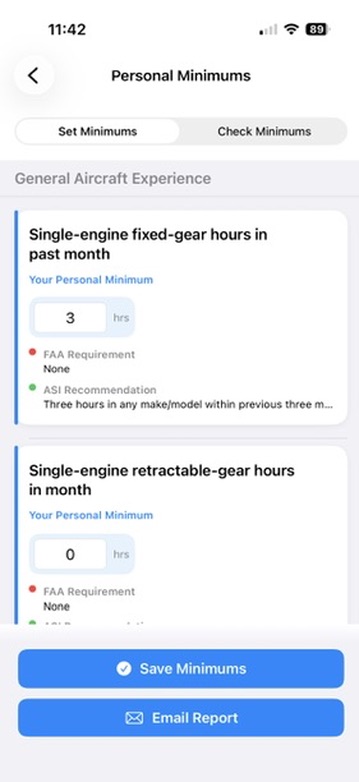 Set Personal Minimums screen